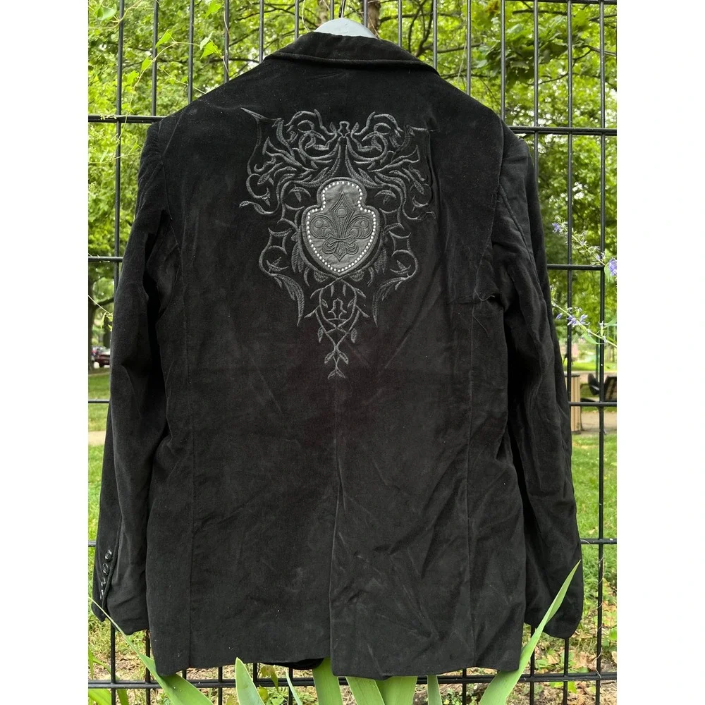 VTG FRANKY MAX Black Embroidered Rhinestone Crest Velour Y2k Bling Blazer L NWT